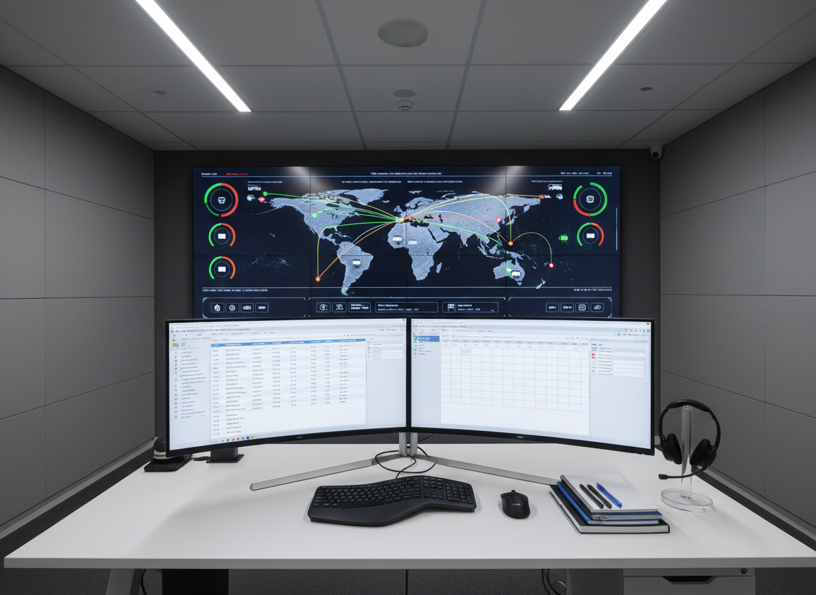 A clean, well-organized dispatch control room centered around a large, wall-mounted digital dashboard displaying colorful freight routes, load status indicators, and real-time map data, all in crisp, modern UI design. Below, a minimalist white desk holds dual ultra-wide monitors showing load boards, rate confirmations, and scheduling software, surrounded by neatly arranged notebooks, a wireless keyboard, and a headset resting on a stand. Cool, even LED ceiling lighting illuminates the room, creating soft reflections on the screens and a calm, focused mood. Shot from a slightly elevated angle in photographic realism, the composition emphasizes clarity and precision, capturing the essence of professional freight dispatch management without any human presence.