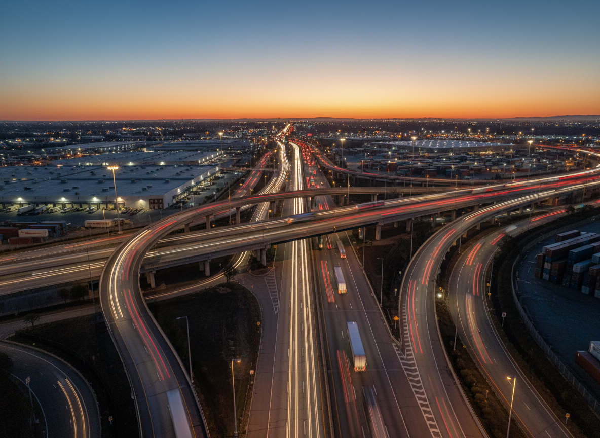 A bird’s eye view of a major interstate interchange at dusk, with multiple lanes of freight trucks in motion, their trailers in varied but muted brand-neutral colors, forming smooth, continuous streams of light from headlights and taillights. The highway curves gracefully through an industrial landscape with neatly arranged warehouses and container yards in the background. The sky holds the last gradients of blue and amber, while tall streetlights cast a clean, diffused glow over the asphalt. Captured in photographic realism with long exposure, the composition emphasizes flowing lines and depth, creating a dynamic yet controlled atmosphere that symbolizes continuous freight movement and high-capacity logistics networks.